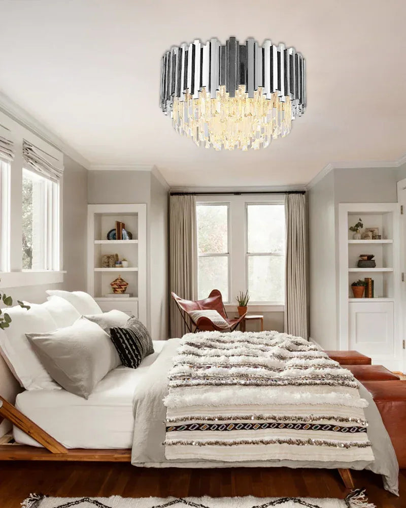 Luxury Multi Tier Crystal Round Ceiling Light Fixtures In Chrome Stainless Steel Flush Mounted Ceiling Lamp