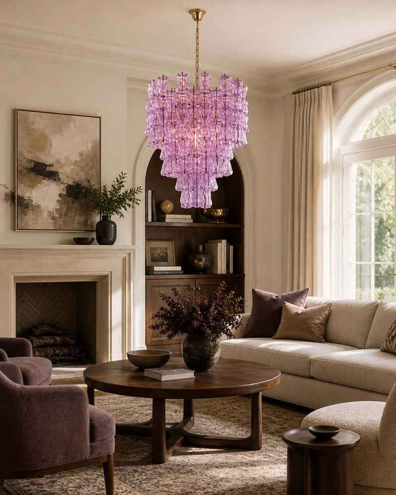 Murano Glass Cascade Tiered Chandelier - Amber & Clear & Green Glass