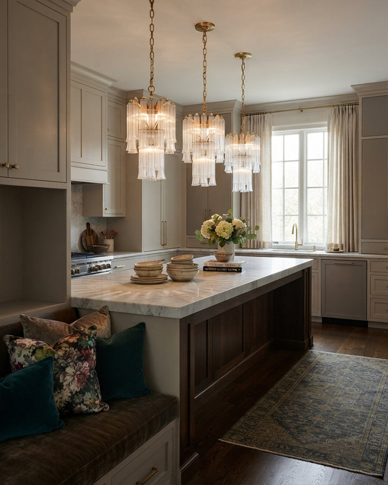 Bellagio Opal Glass Cascading Fluted Waterfall Chandelier - Opal Glass, Lux Brass Trim - Living Rooms, Bedrooms, Dining Rooms