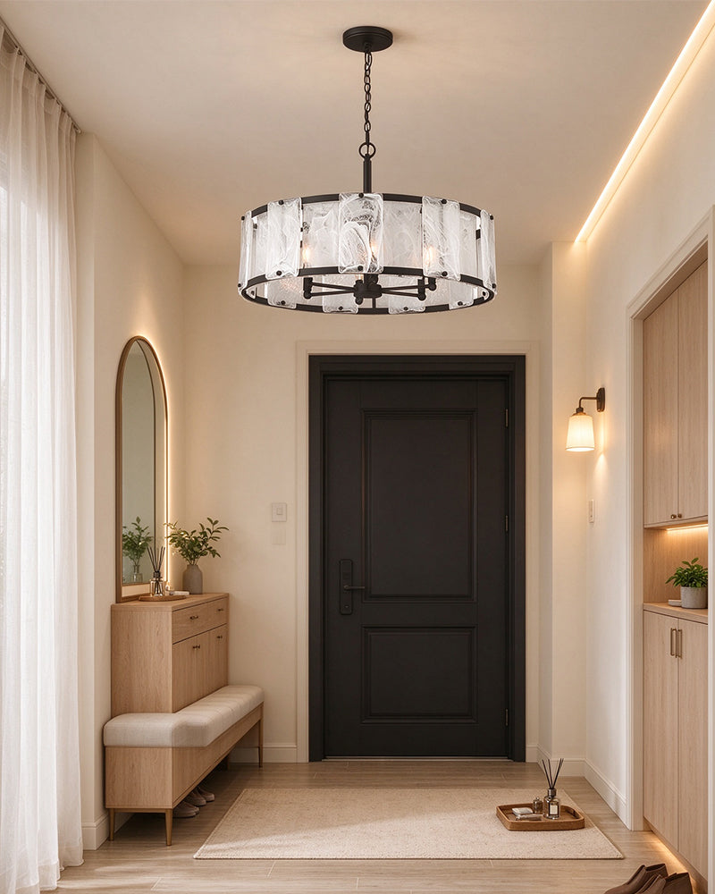 Solstice Ghiaccio Glass Drum Pendant Light - Textured Ice Glass, Lux Gold Trim - Dining Rooms & Living Rooms