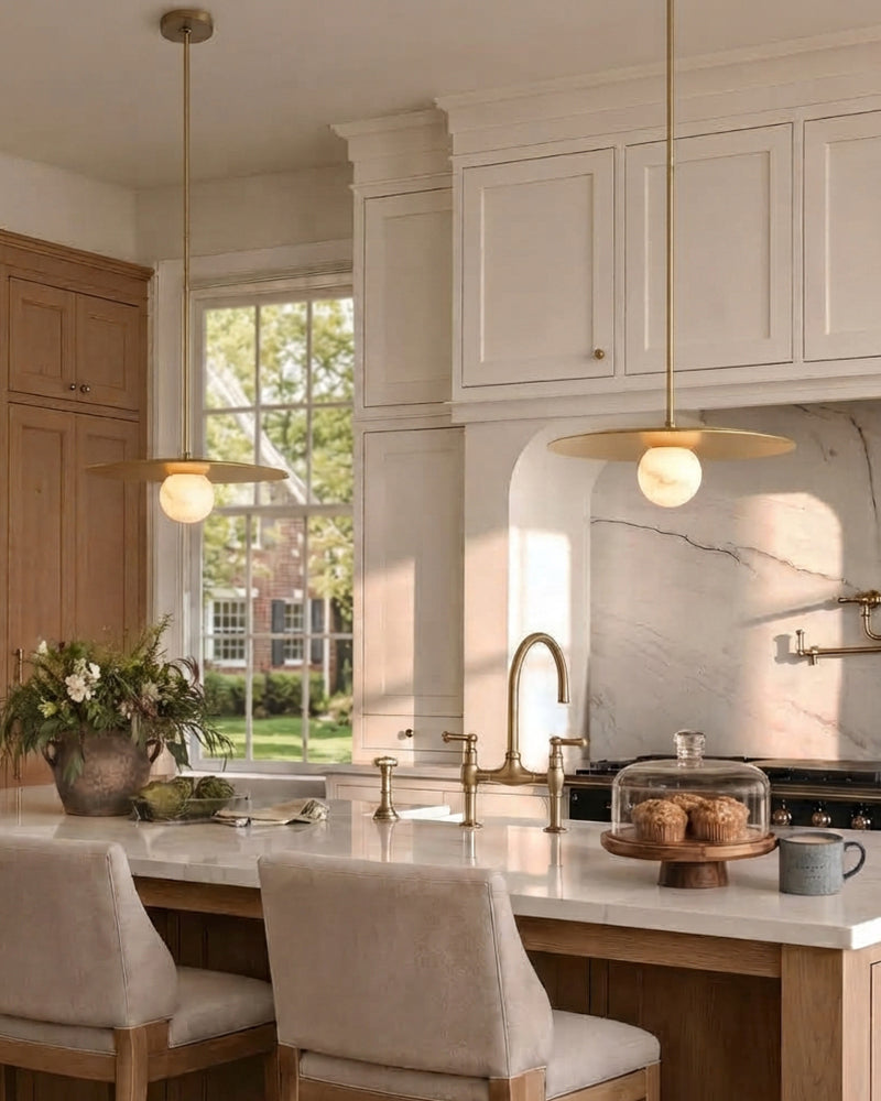Alabaster Sphere Globes Gold Disc Canopy Pendant Light - Natural Spanish Alabaster Orbs, Lux Gold Trim - Kitchens, Dining & Living Rooms