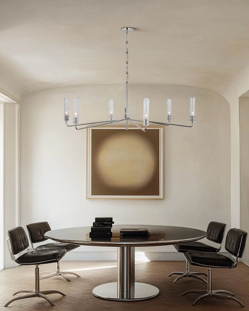 Brushed Chrome Metalwork Chandelier with Textured Slender Clear Glass Cylinders