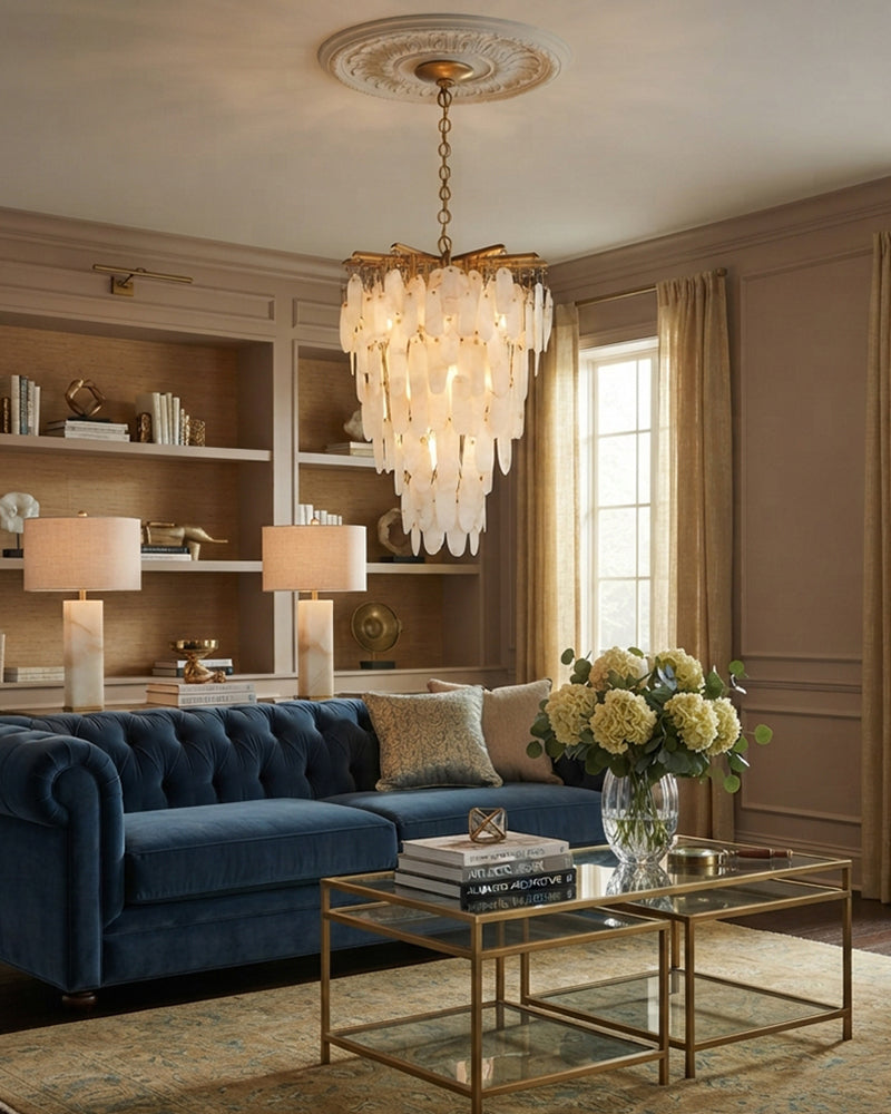 Moritz Alabaster Multi Tiered Textured Swirl Prism Chandelier - Natural Spanish Alabaster, Serene Matte, Lux Gold Trim - Living Rooms, Bedrooms, Dining Rooms