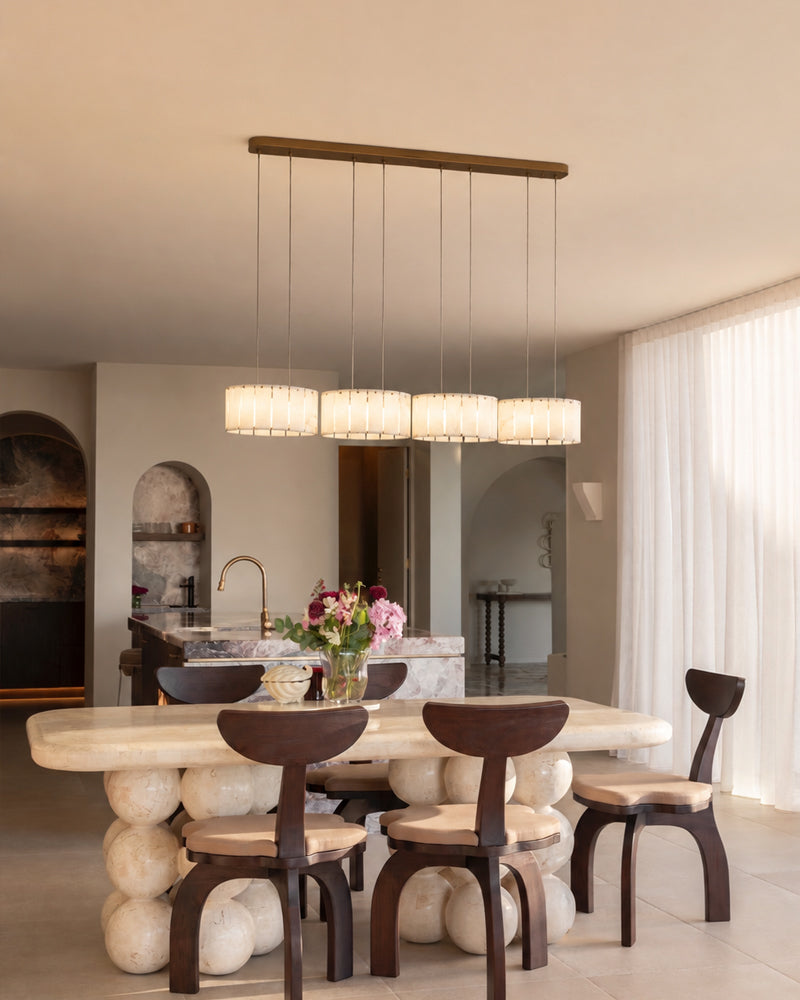 Alabaster Swirl Concentric Panel Tiered Linear Pendant Light - Natural Spanish Alabaster Panels, Lux Gold Trim - Kitchen Islands & Dining Rooms
