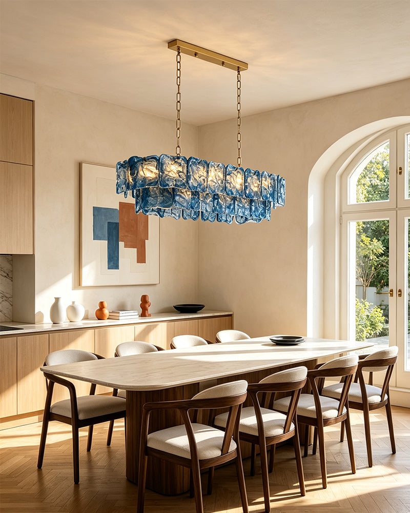 Chiara Murano Glass Contemporary Azure Blue Panel Linear Chandelier - Lux Gold Trim - Kitchen Islands & Dining Rooms