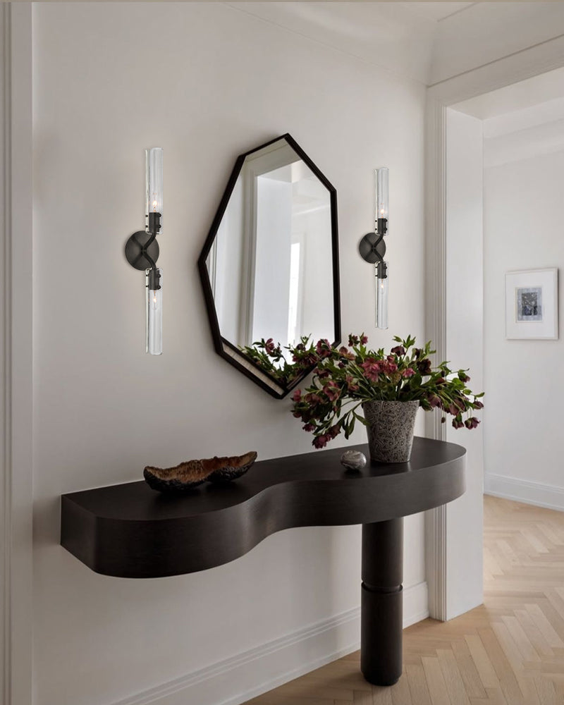 Brushed Chrome Metalwork Chandelier with Textured Slender Clear Glass Cylinders