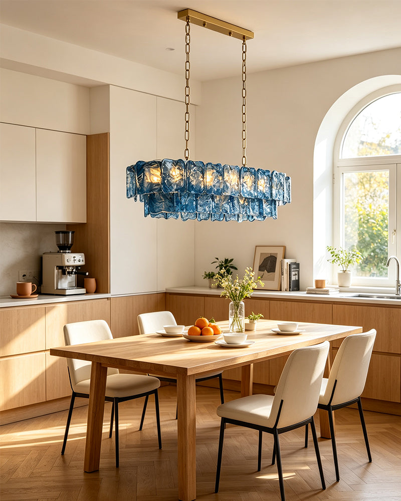 Chiara Murano Glass Contemporary Azure Blue Panel Linear Chandelier - Lux Gold Trim - Kitchen Islands & Dining Rooms
