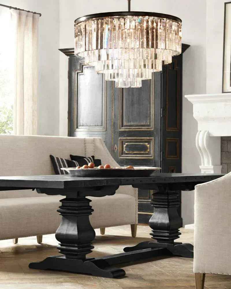 Gold Iron Frame Multi-Tier Rectangular Crystal Dimming Chandelier Dining Room Lighting 34" American chandelier