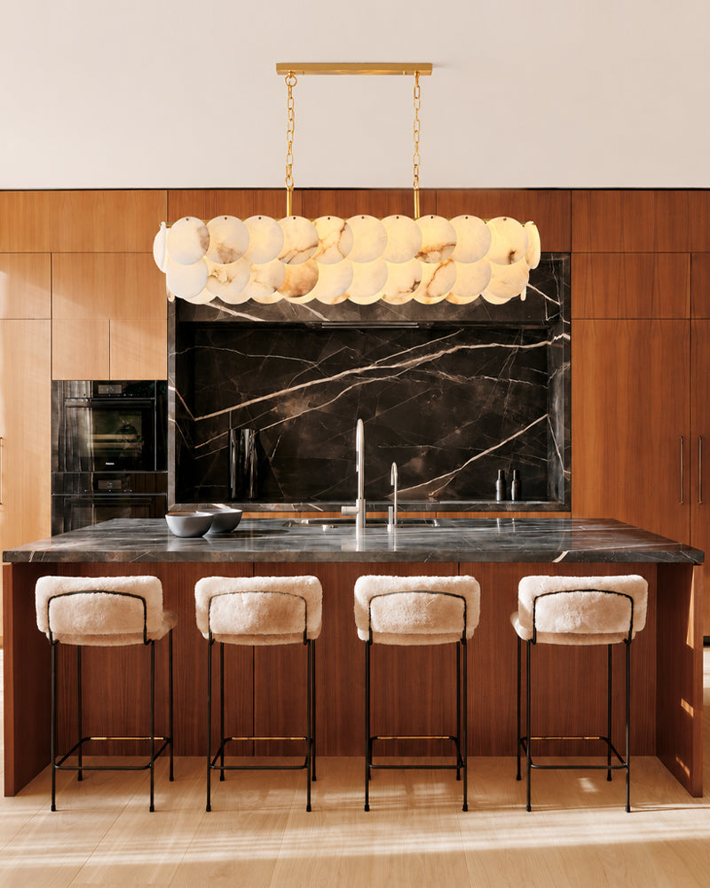 Alabaster Organic Disc Golden Canopy Linear Chandelier - Natural Spanish Alabaster, Lux Gold Trim - Kitchen Islands & Dining Rooms
