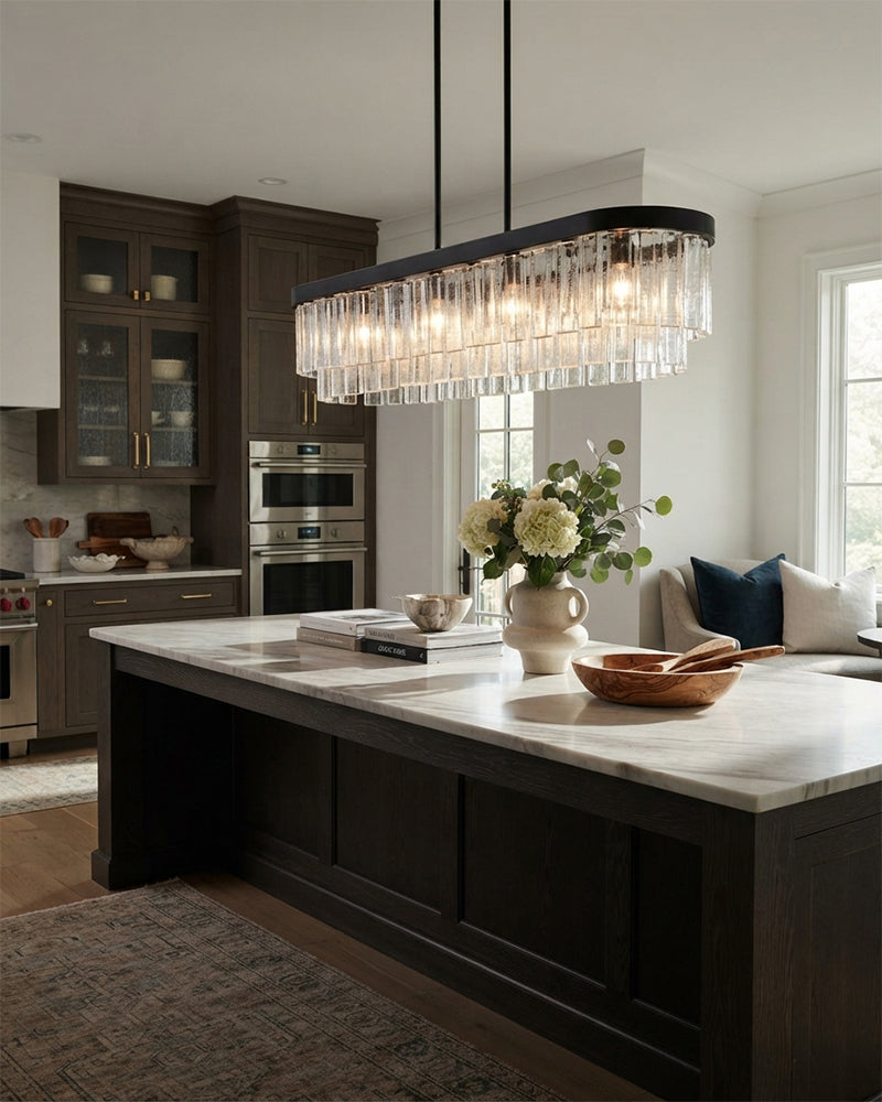 Courmayeur Crystal Clear Glass Double Tier Linear Chandelier - Crystal Clear Glass, Lux Gold Trim - Living Rooms, Bedrooms, Dining Rooms