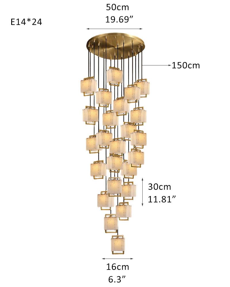 24-light cluster pendant lamp with copper frame and marble shades, dimensions 50cm x 150cm.
