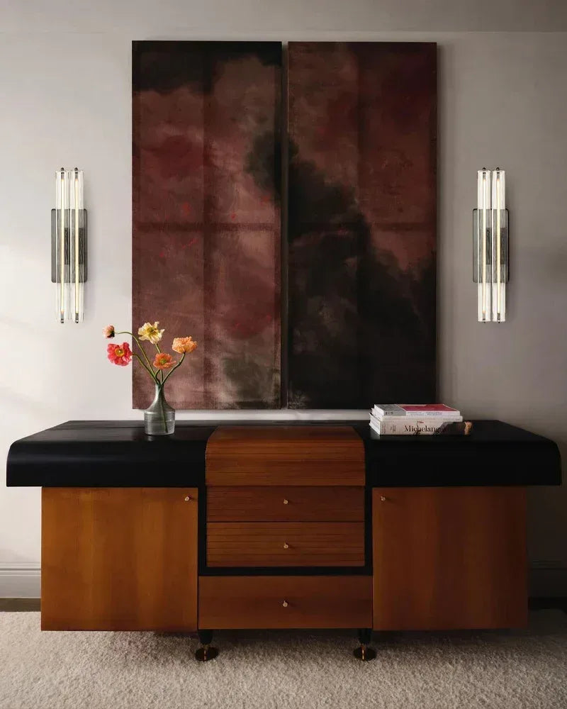 Valence Series Architectural Linear Chandelier | Triple Bar Prism Meticulously crafted clear prisms with vertical brass drops, Lacquered Burnished Brass and Black for Dining Rooms and Kitchen Islands American chandelier