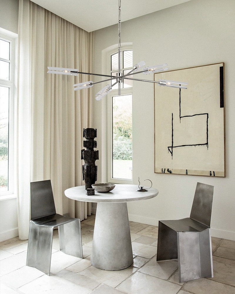 Brushed Chrome Metalwork Chandelier with Textured Slender Clear Glass Cylinders