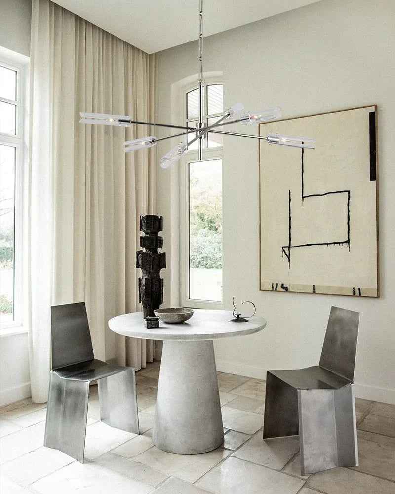 Lugano Series Geometric Chandelier | Two-tier linear Textured Slender Clear Glass Cylinders, Brushed Chrome for High ceilings and grand rooms American chandelier