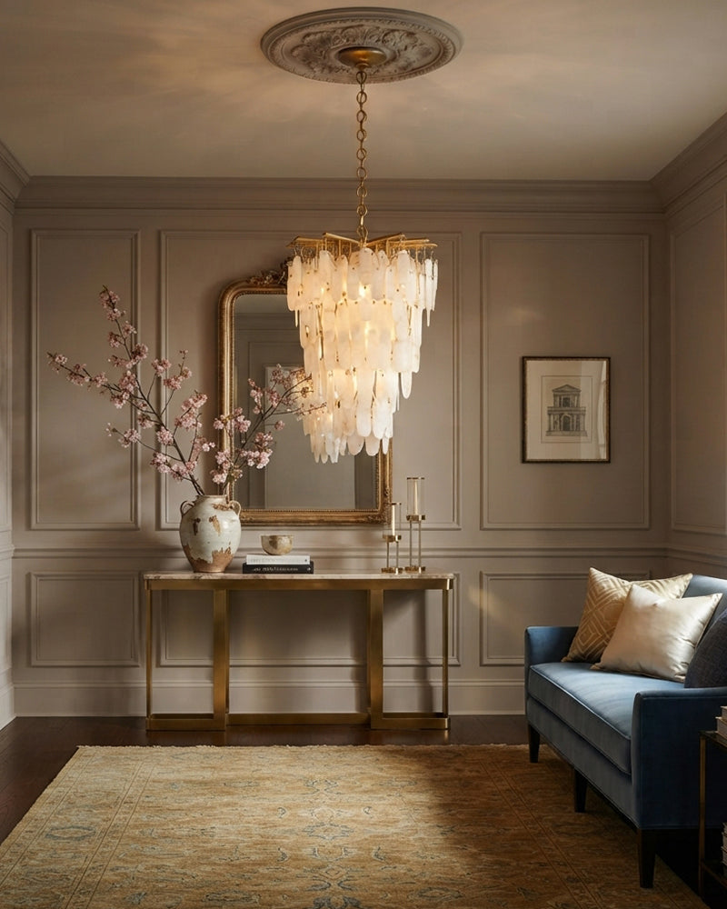 Moritz Alabaster Multi Tiered Textured Swirl Prism Chandelier - Natural Spanish Alabaster, Serene Matte, Lux Gold Trim - Living Rooms, Bedrooms, Dining Rooms