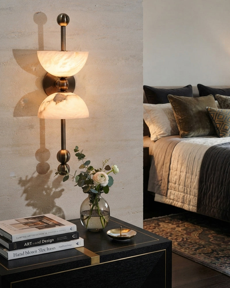Alabaster Semi Dome Cup Wall Light Sconce - Natural Spanish Alabaster Domes, Heritage Brass Trim - Bedrooms, Hallways & Bathrooms