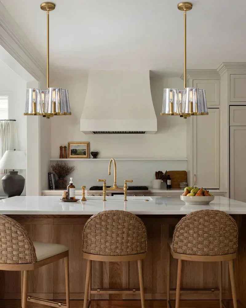 Ravello Series Geometric Pendant Light | Round Classic brass structure with clear glass shades, Polished Brass finish for Kitchens, dining rooms, and entryways American chandelier