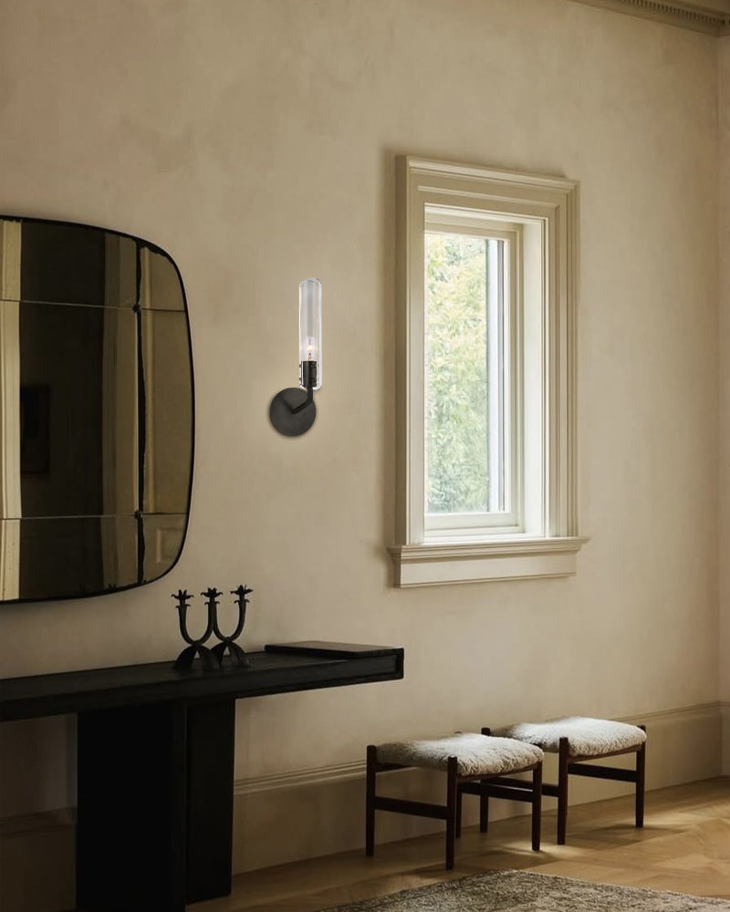 Brushed Chrome Metalwork Chandelier with Textured Slender Clear Glass Cylinders