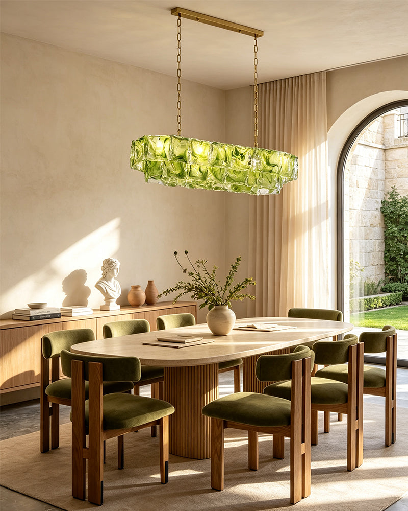 Chiara Murano Glass Contemporary Citrus Green Panel Linear Chandelier - Lux Gold Trim - Kitchen Islands & Dining Rooms