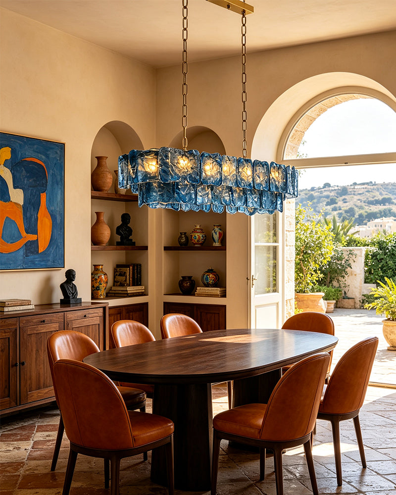 Chiara Murano Glass Contemporary Azure Blue Panel Linear Chandelier - Lux Gold Trim - Kitchen Islands & Dining Rooms