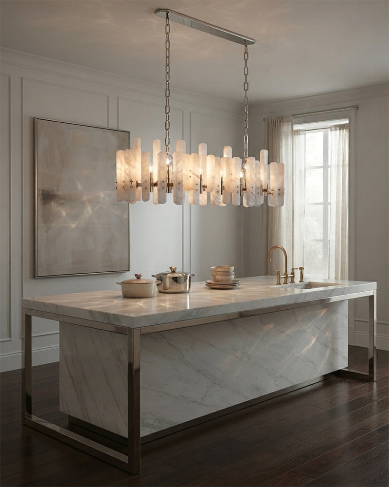 Zermatt Alabaster Staggered Halo Ring Chandelier - Natural Spanish Alabaster, Serene Chrome Trim - Living Rooms, Bedrooms, Dining Rooms