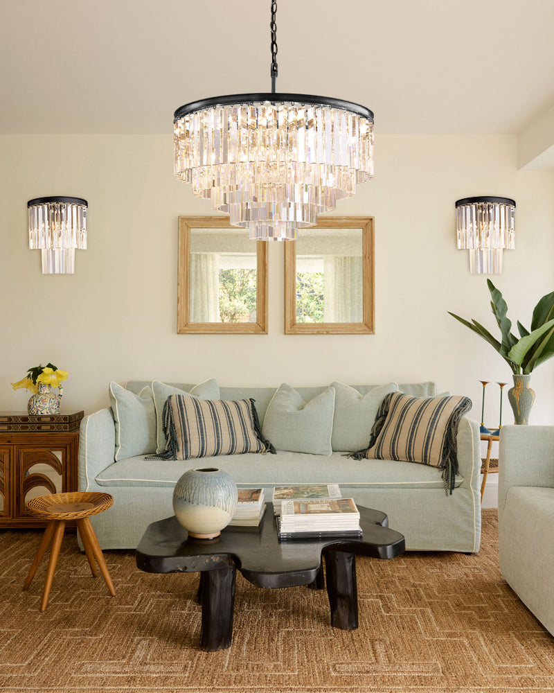 Deauville K9 Crystal Multi Tiered Prism Waterfall Chandelier - K9 Crystal, Lux Gold Trim - Living Rooms, Bedrooms, Dining Rooms