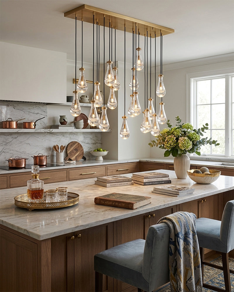 Aveline K9 Crystal Teardrop Cascading Cluster Pendant Light - Crystal Clear Teardrops, Serene Black Trim - Kitchens, Dining & Living Rooms