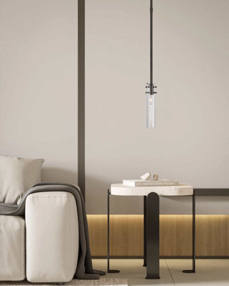 Brushed Chrome Metalwork Chandelier with Textured Slender Clear Glass Cylinders