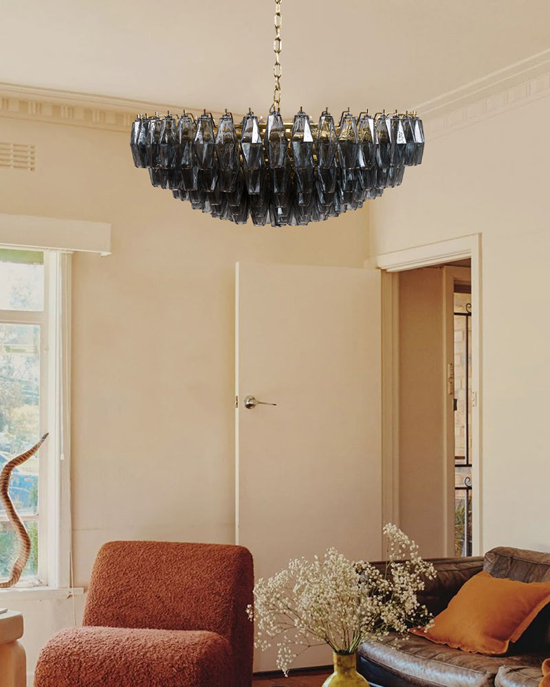 Cortina Murano Glass Multi Tiered Prism Gemstone Chandelier - Handblown Glass, Serene Brass Trim - Living Rooms, Bedrooms, Dining Rooms.