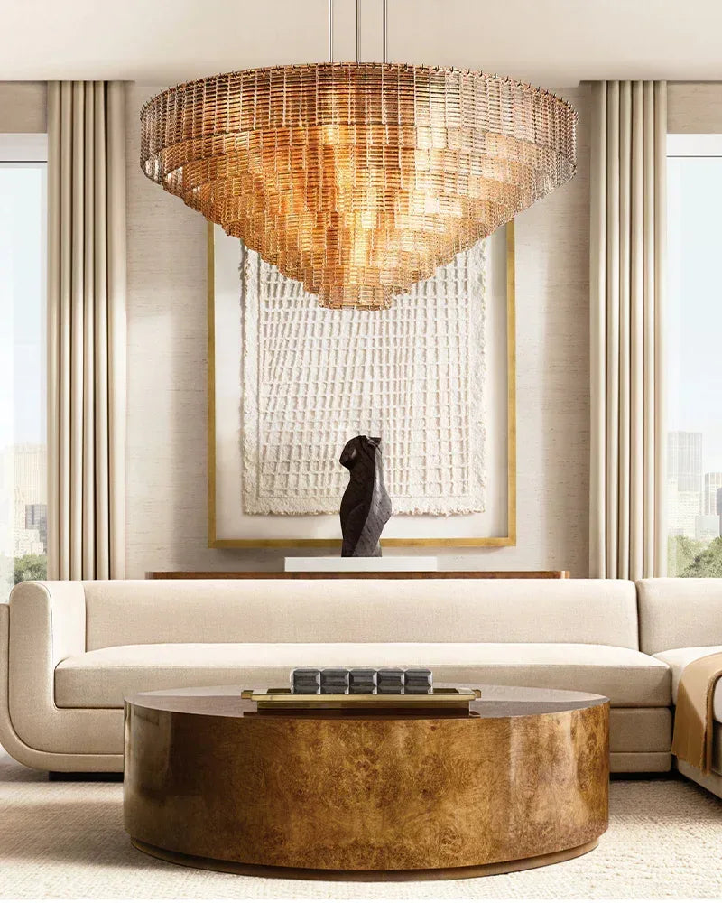 Clear & Smoke Ridged Glass Multi-Tire Large Rectanglular Sirene Chandelier Collection 40“ 48” 60" 70" American chandelier