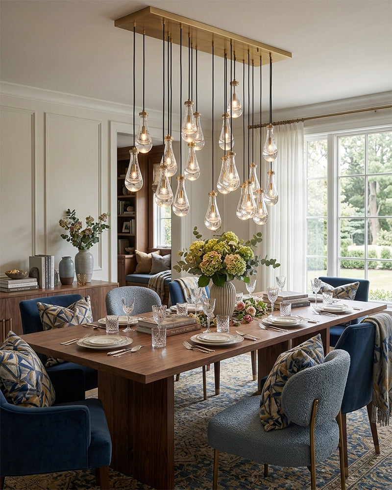 Aveline K9 Crystal Teardrop Cascading Cluster Pendant Light - Crystal Clear Teardrops, Serene Black Trim - Kitchens, Dining & Living Rooms