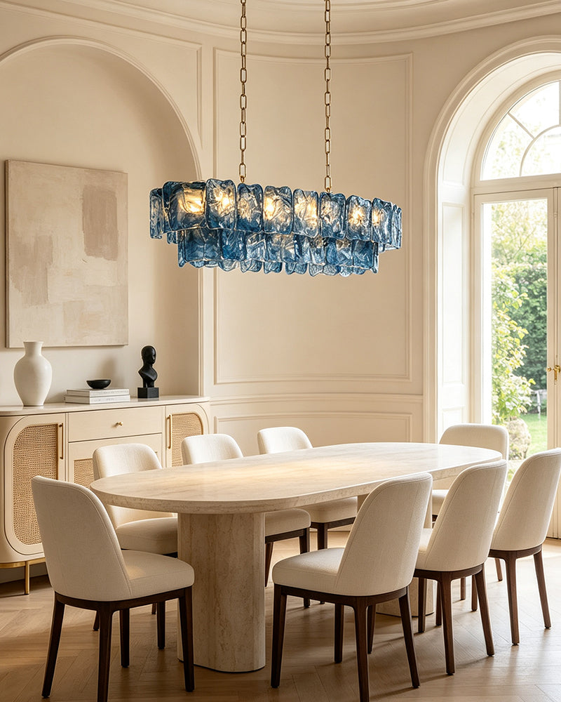 Chiara Murano Glass Contemporary Azure Blue Panel Linear Chandelier - Lux Gold Trim - Kitchen Islands & Dining Rooms