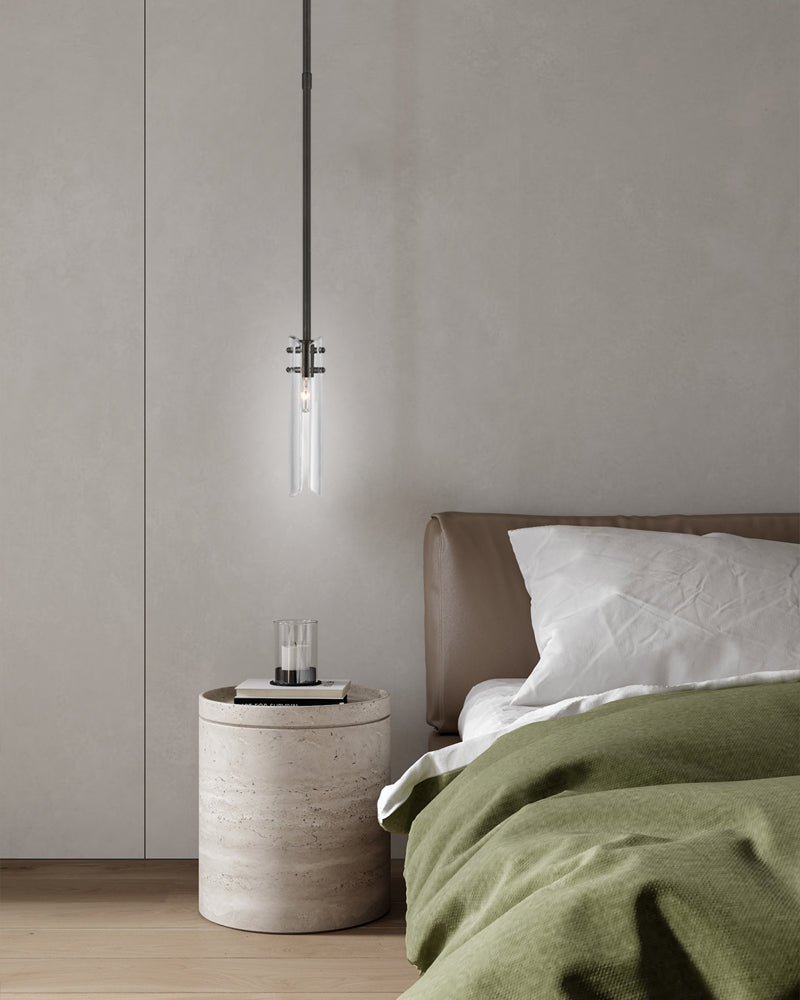 Brushed Chrome Metalwork Chandelier with Textured Slender Clear Glass Cylinders