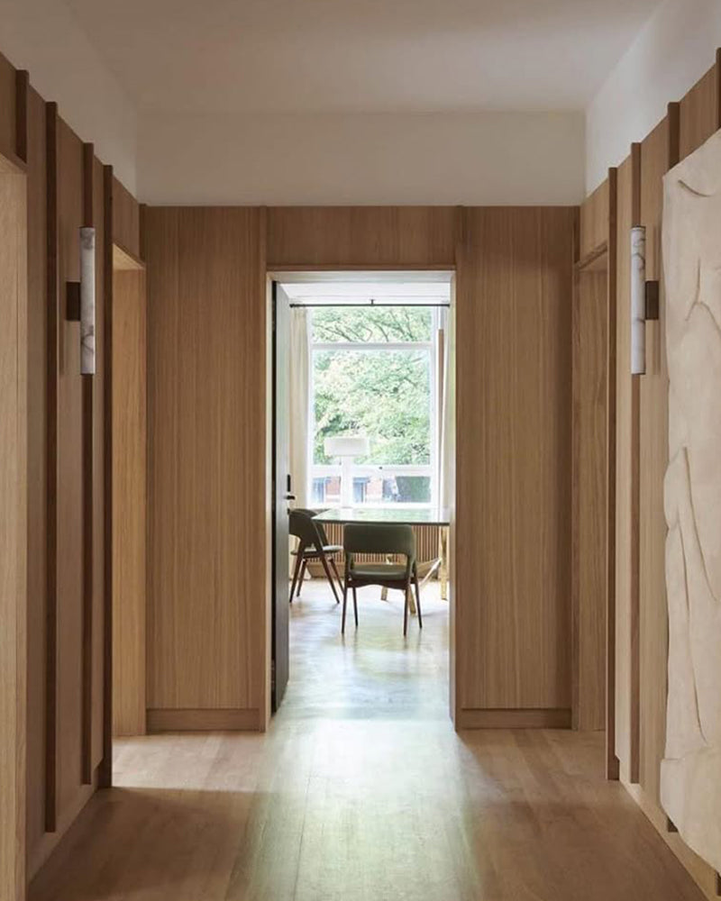 Callisto Linear Strip Long Wall Sconces Brass/Black Metal | Natural Marble Shade