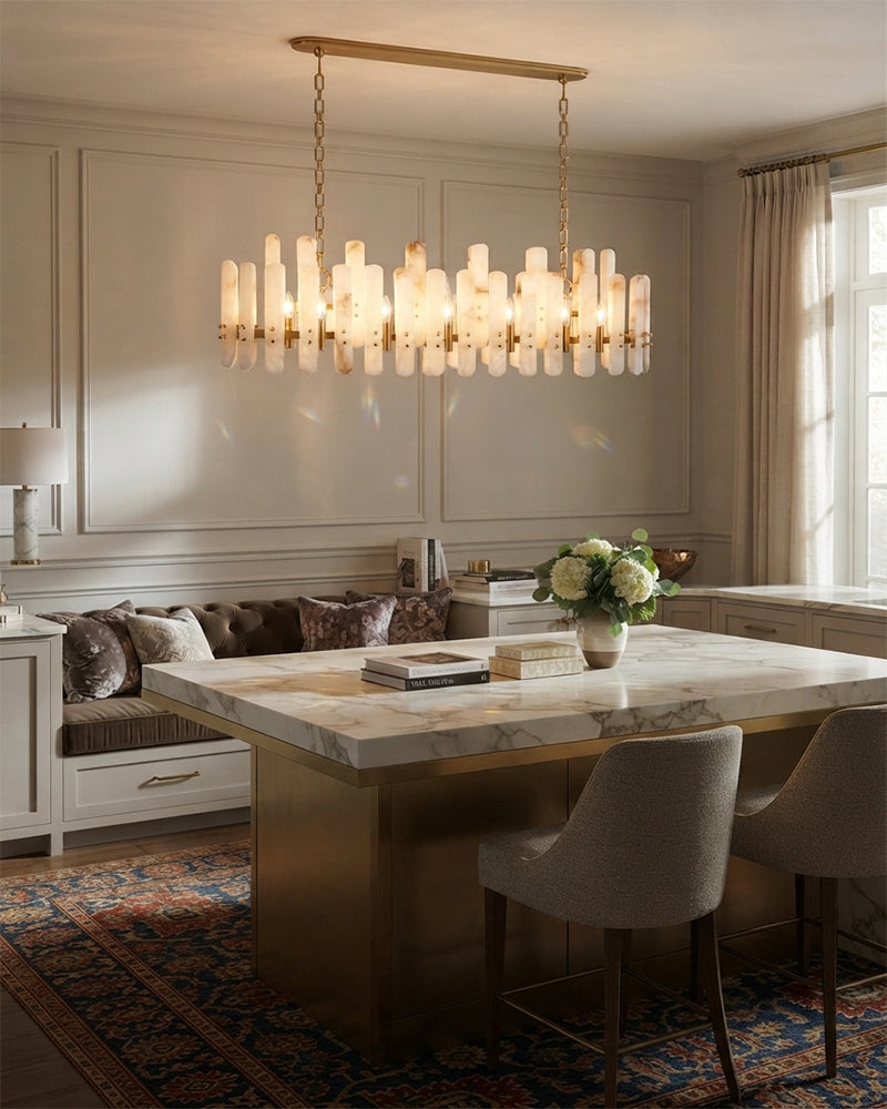 Zermatt Alabaster Staggered Oval Halo Linear Chandelier - Natural Spanish Alabaster, Serene Chrome Trim - Kitchen Islands & Dining Rooms