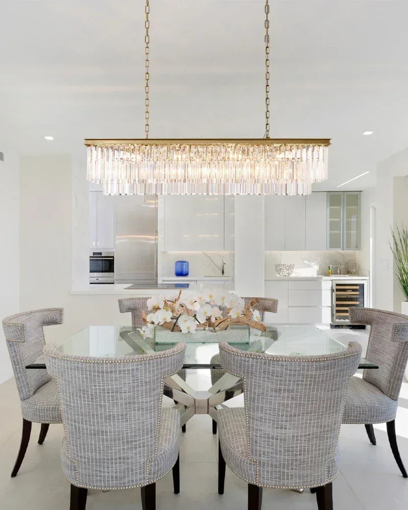 LightsStory Series Prismatic Chandelier | Rectangular Multi-Crystal Brushed matte black or gold iron frame with multi-crystal droplets, Brushed Matte Black or Luxe Gold for Kitchen Islands, Dining Rooms, and Grand Foyers American Vintage chandelier lamp