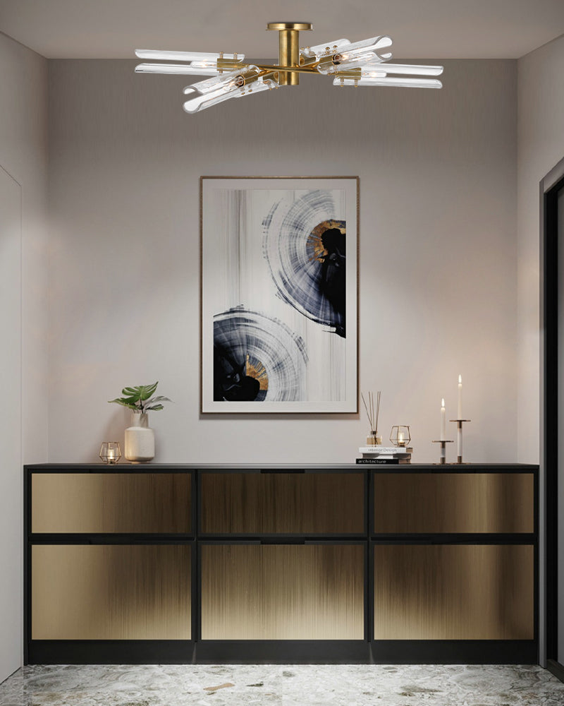 Brushed Chrome Metalwork Chandelier with Textured Slender Clear Glass Cylinders