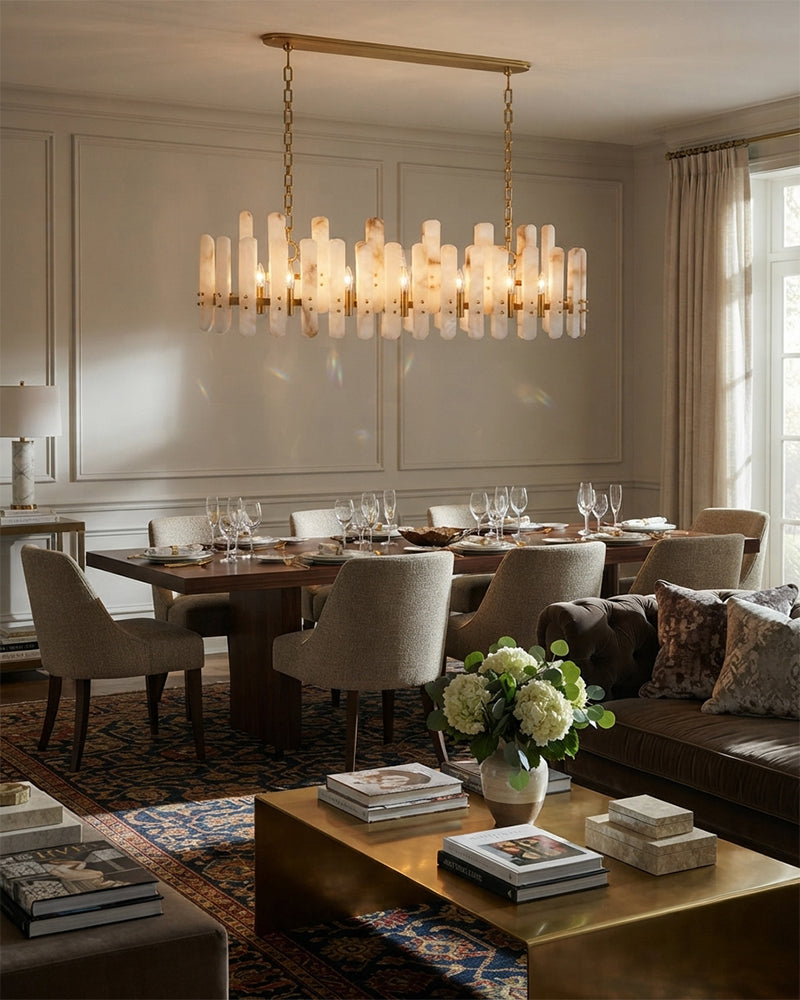 Zermatt Alabaster Staggered Oval Halo Linear Chandelier - Natural Spanish Alabaster, Serene Chrome Trim - Kitchen Islands & Dining Rooms