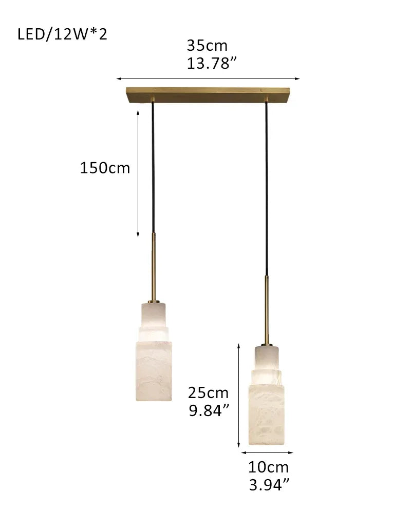 Antique aged Copper Long Hanging Cord Alabaster Pendant Lights over dining table 2-light-D10*H25CM D4"*H10"-Square Brass + White Vintage Simple Hanging Lamp