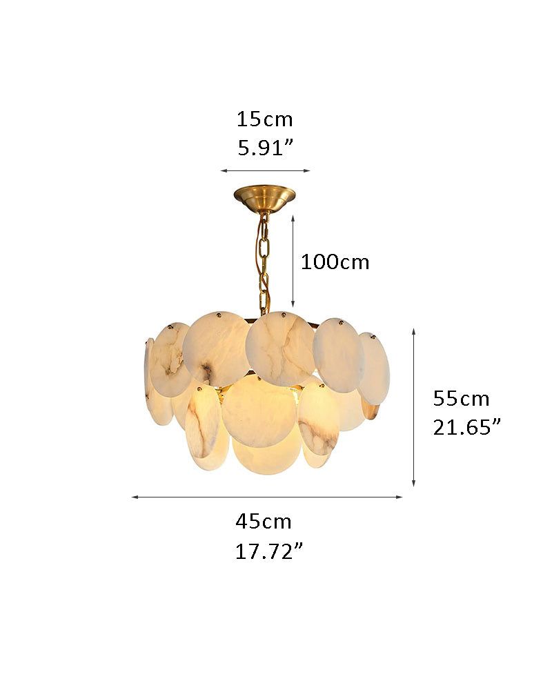 Linear LED chandelier with Spanish marble shells, dimensions 100cm length, modern design.