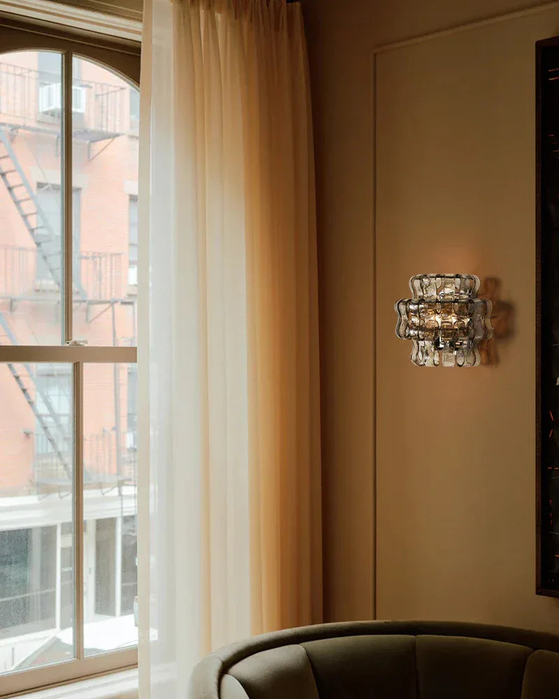 Clear/Smoke Glass Bedroom Ghiaccio Semi-Flush Wall Sconces in Brass/Black Aluminum Flush Mounted Wall Sconce Lamp