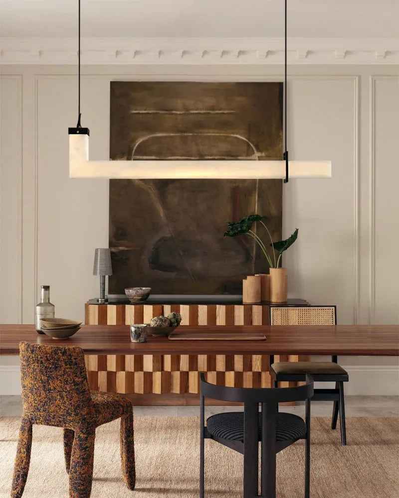 LightsStory Series Geometric Linear Pendant Light | Linear Natural Spanish Alabaster and Brown Leather, Matte Black finish for Kitchen Islands and Dining Rooms American chandelier