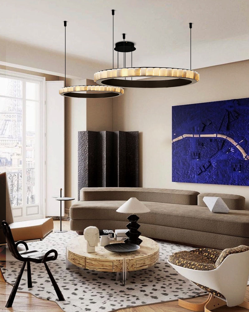 Natural Alabaster Marble Double Circular Chandelier | Black Steel Ring with long cord