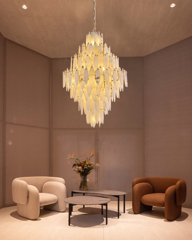 Modern Chandelier Alabaster Lighting Multi-Tier Round Design in Brass/Black Metal Luxury Modern Chandelier