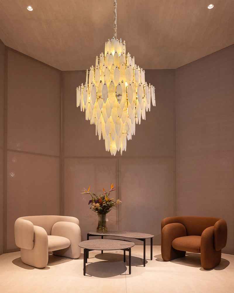 LightsStory Series Geometric Chandelier | Multi-Tier Round Hand-selected natural marble alabaster, Brass and Black metal finish for Modern dining rooms and entryways Luxury Modern Chandelier