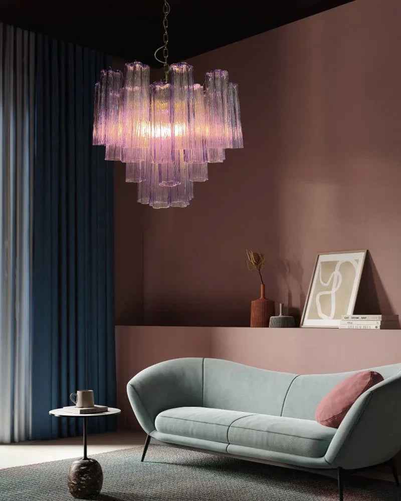 Cortina Series Cascading Chandelier | Multi-tiered Fluted Glass Handcrafted Fluted Murano-Inspired Glass, Satin Brass for Grand Entrances and Dining Rooms American chandelier