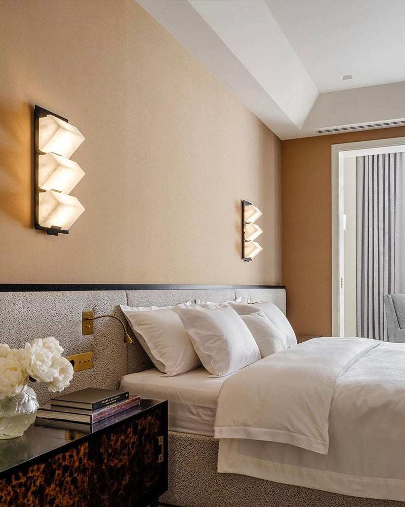 Square Multi Alabaster Wall Sconce - Natural Spanish Alabaster, Matte Brass, Black Trim - Bedrooms, Hallways & Bathrooms