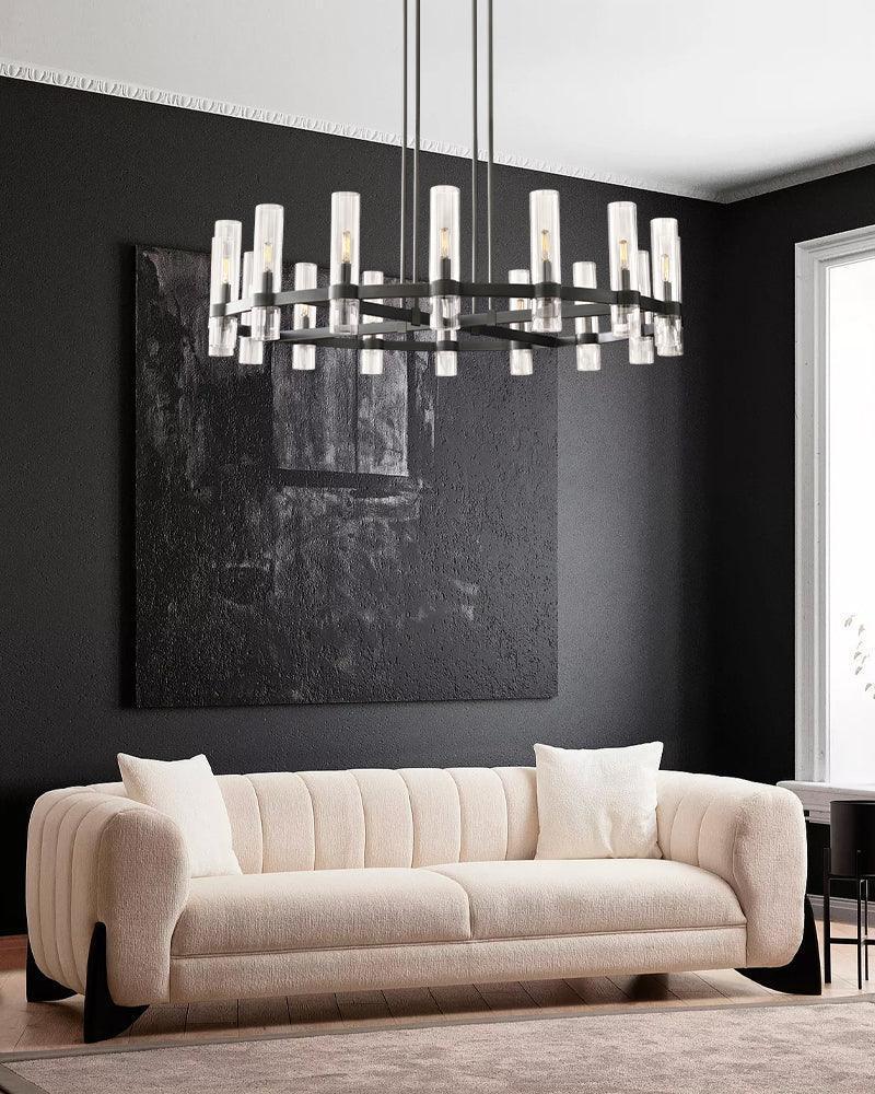 Ravelle Series Geometric Chandelier | Linear Premium hand-blown glass and solid brass construction, Lacquered black brass finish for Dining Rooms and Kitchen Islands American chandelier