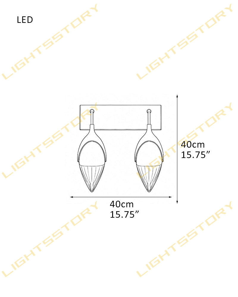 Technical line drawing of a pair of LED wall sconces with dimension annotations showing a height of 40cm (15.75") and a width of 40cm (15.