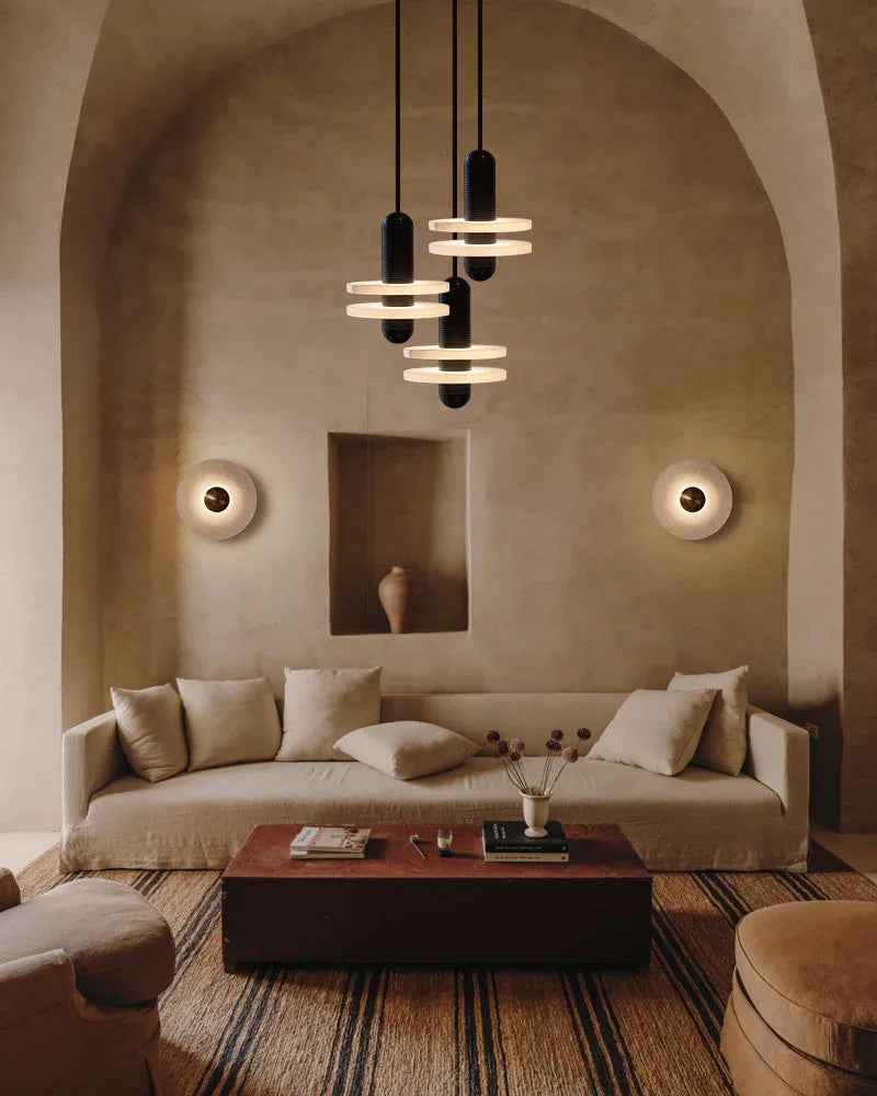 LightsStory Series Geometric Wall Lamp | Round Alabaster Natural veined alabaster planes and polished fluted brass, Polished fluted brass finish for Sophisticated living spaces and bedside accents Modern Art Design Wall Lamp